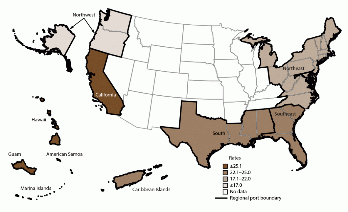 Acute Gastroenteritis on Cruise Ships — Maritime Illness Database and Reporting System, United States, 2006–2019 The figure is a U.S. map that presents the incidence rate of acute gastroenteritis among cruise ship crew by regional port locations including the Northeast, Southeast, South, Northwest, California, Hawaii (including Guam, American Samoa, and Mariana Islands), and Caribbean Islands during 2006-2019.