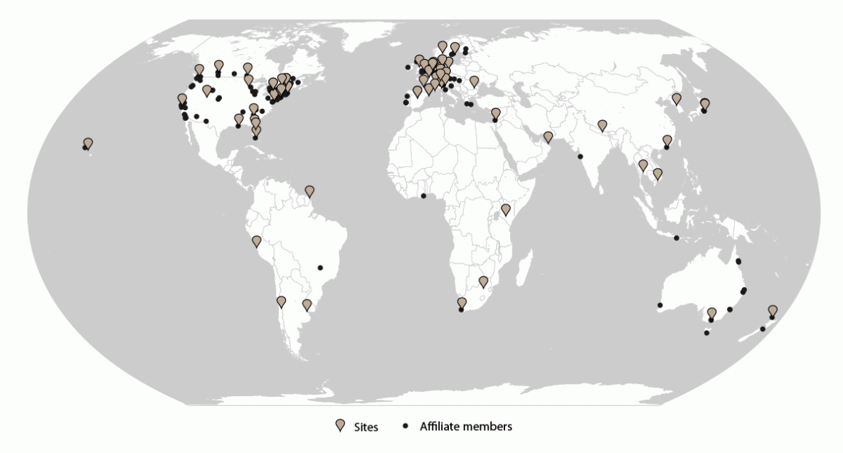 Figure is a map of the world showing the location of 71 GeoSentinel Network sites and 164 affiliate members in 2021.