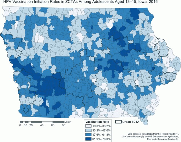 Covariate-adjusted initiation rates for human papillomavirus vaccination in zip code tabulation areas (ZCTAs) among adolescents aged 13 to 15, Iowa, 2016. Rates were spatially smoothed to account for small populations. The state-level mean vaccination rate for all ZCTAs was 47.9%26#37; (range, 0%26#37;–100%26#37;; standard deviation, 16.2%26#37;). All ZCTAs have initiation rates below the Healthy People 2020  target of 80%26#37; completion. Urban ZCTAs are indicated in black outlines. Vaccination initiation rates exhibit no clear association with location. Data sources: Iowa Department of Public Health (1), US Census Bureau (2), and US Department of Agriculture, Economic Research Service (3). Abbreviation: ZCTA, zip code tabulation area.