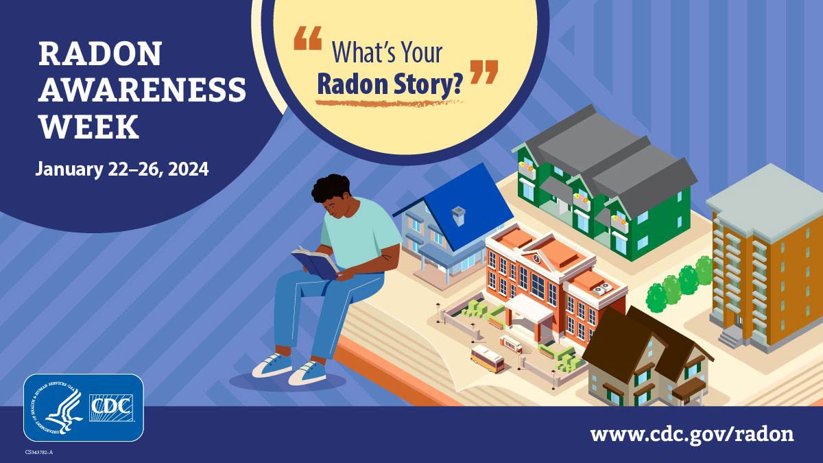 Blue background with a cartoon of a book laying flat with several houses and residential buildings built across it with a man sitting on the edge reading a book. The title is "Radon Awareness Week, January 22-26, 2024" and has "What's Your Radon Story?" in a bubble at the top. The CDC logo is at the lower left and the website www.cdc.gov/radon on the lower right.
